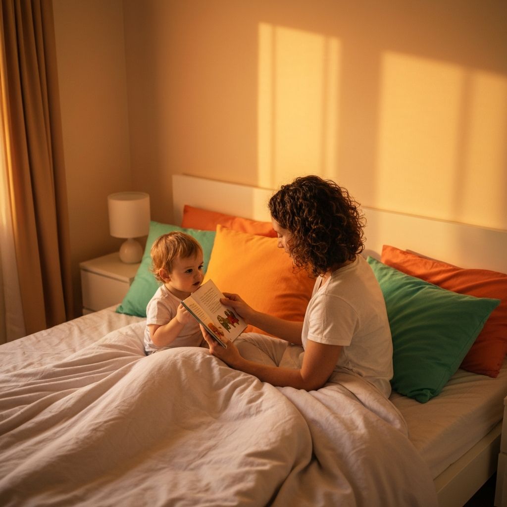 Parent reading bedtime story to child in cozy bedroom
