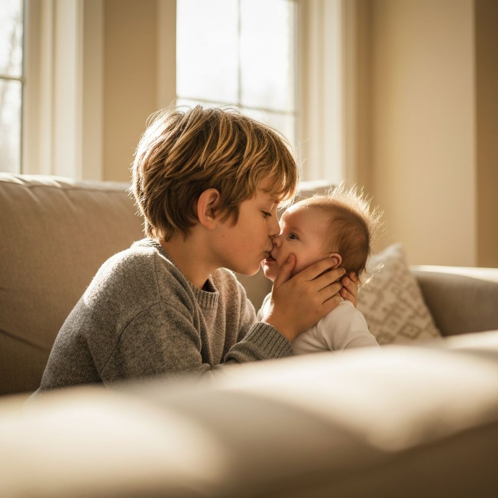 Older sibling tenderly holding baby sibling