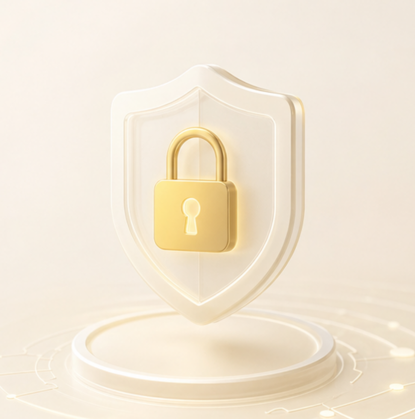 Gold lock inside shield — military-grade encryption